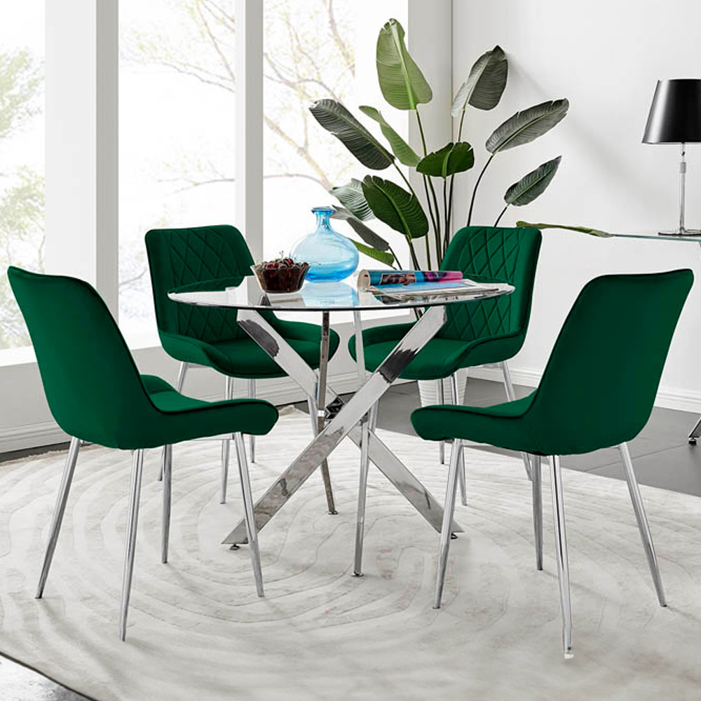 Furniturebox Arona Cesano 4 Seater Round Dining Set Green and Chrome Image 1