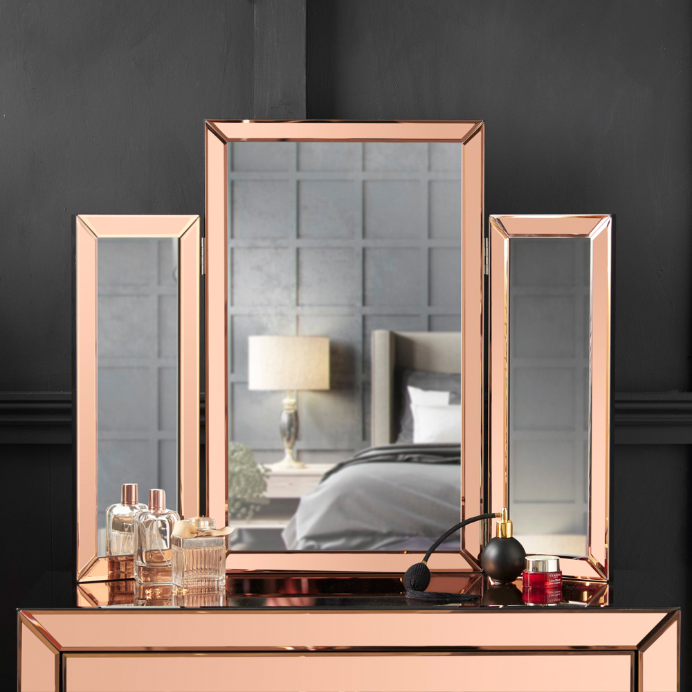CARME Home Paloma Rosegold Luxury Tri-Fold Folding Tabletop Mirror Vanity Image 6