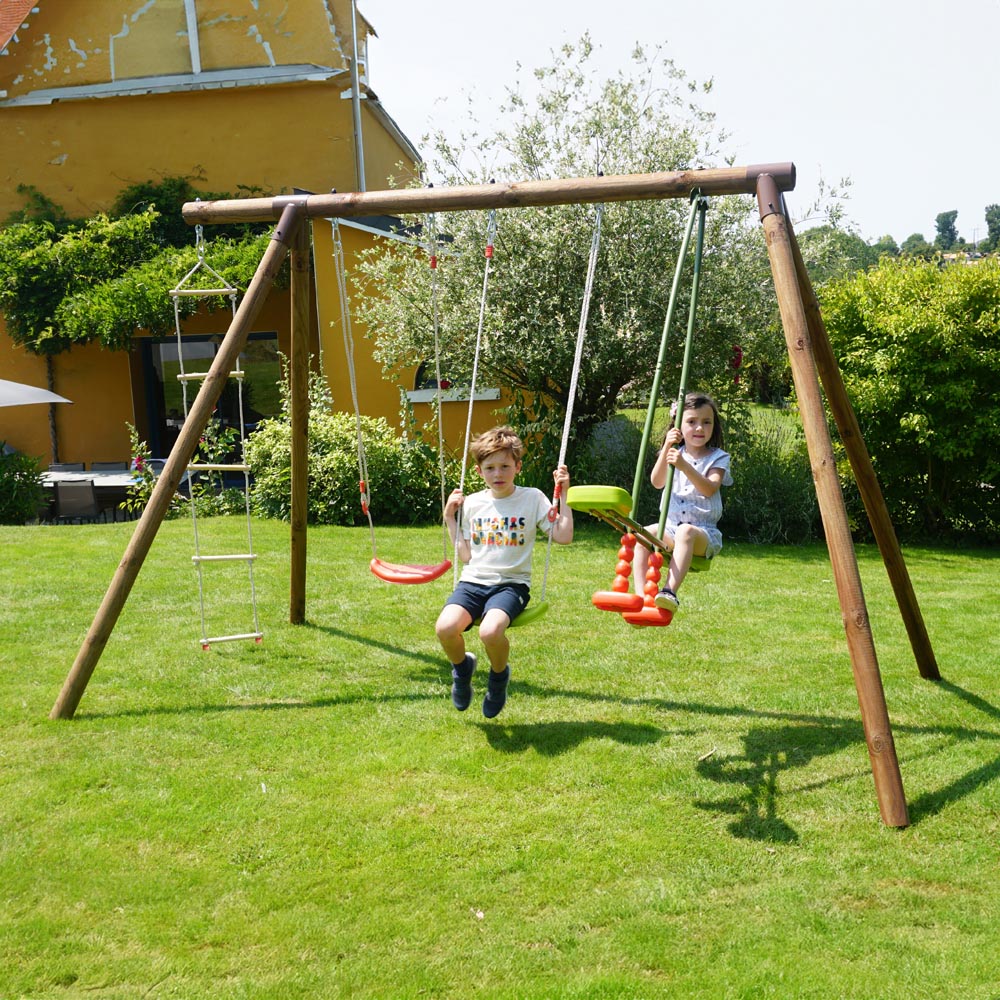 Soulet Gabin Kids Wooden Triple Swing Set with Rope Ladder Image 6