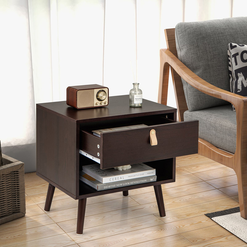 Costway 3 Shelf Brown Mid-Century End Table with Open Storage Shelf Image 4