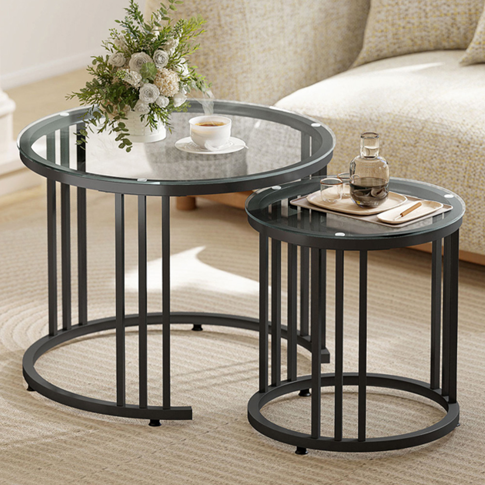Portland Black Tempered Glass Top Round Nest of Tables Set of 2 Image 1