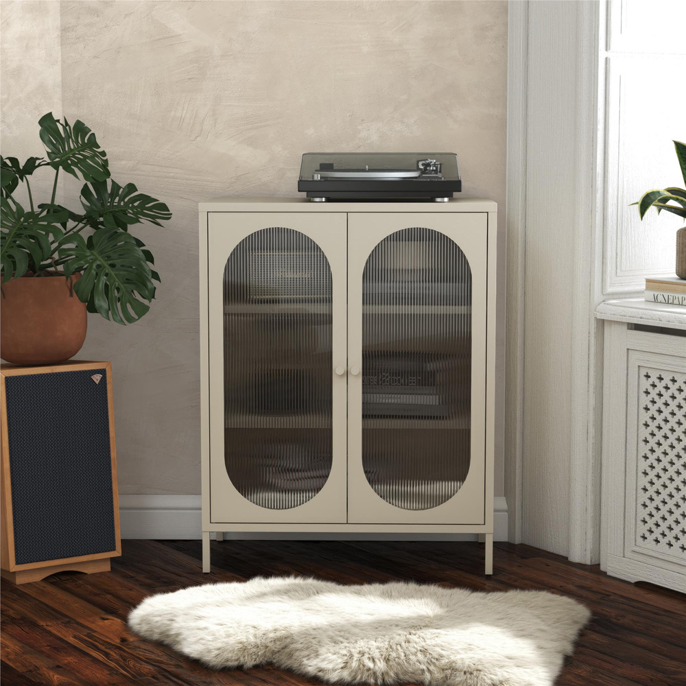Dorel Luna 2 Door Sky Beige Fluted Glass Accent Cabinet Image 7