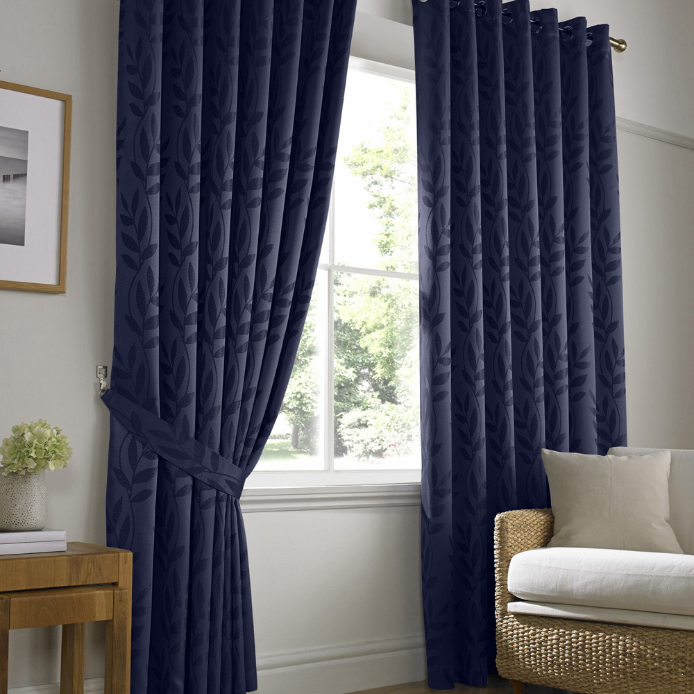 Alan Symonds Dupion Navy Blue Leaf Jacquard Ring Top Eyelet Curtains 117 x 137cm Image 1