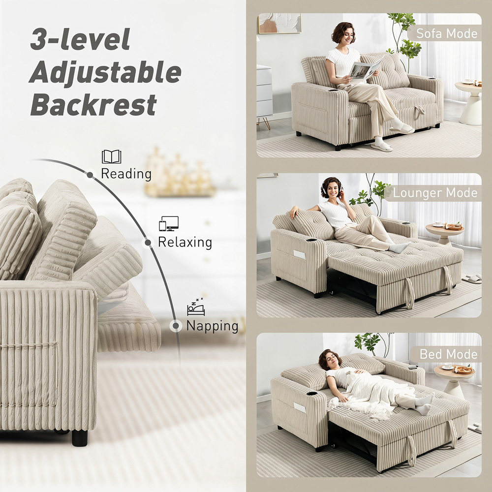 HOMCOM 3-in-1 2 Seater Cream White Corduroy Pull Out Sofa Bed Image 3