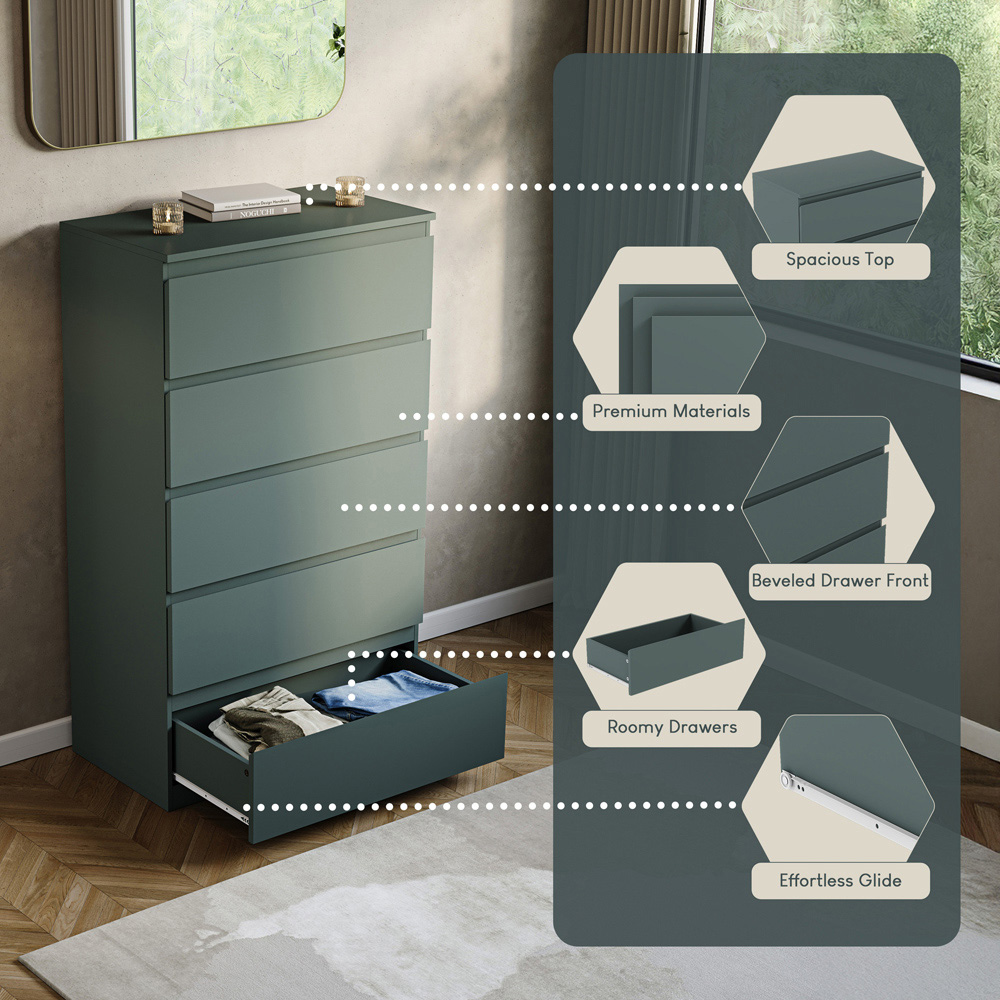 VIDA DESIGNS Denver Jasper Green 5 Drawer Bedside Table Image 6