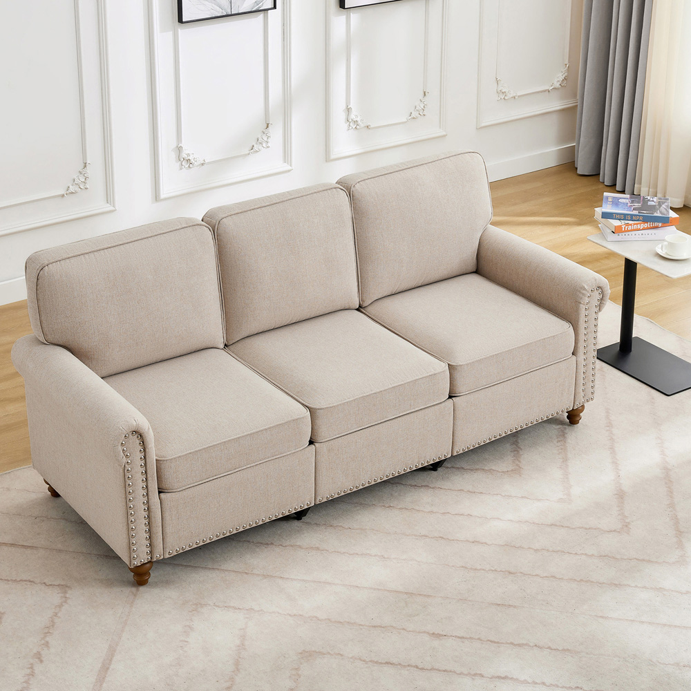 3 Seater Beige Plush Padded Studded Sofa Image 7