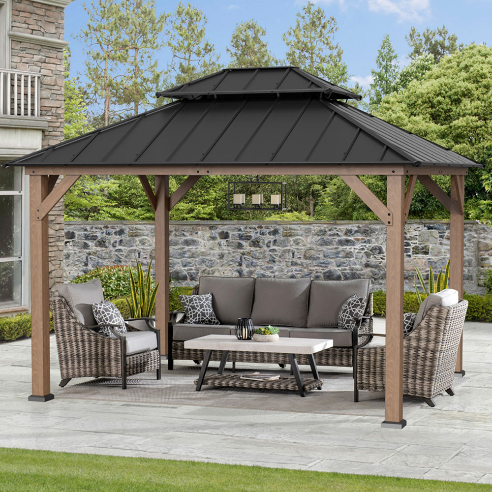 Sunjoy 3 x 3.6m Anthracite 2 Tier Cedar Wood Gazebo Image 1