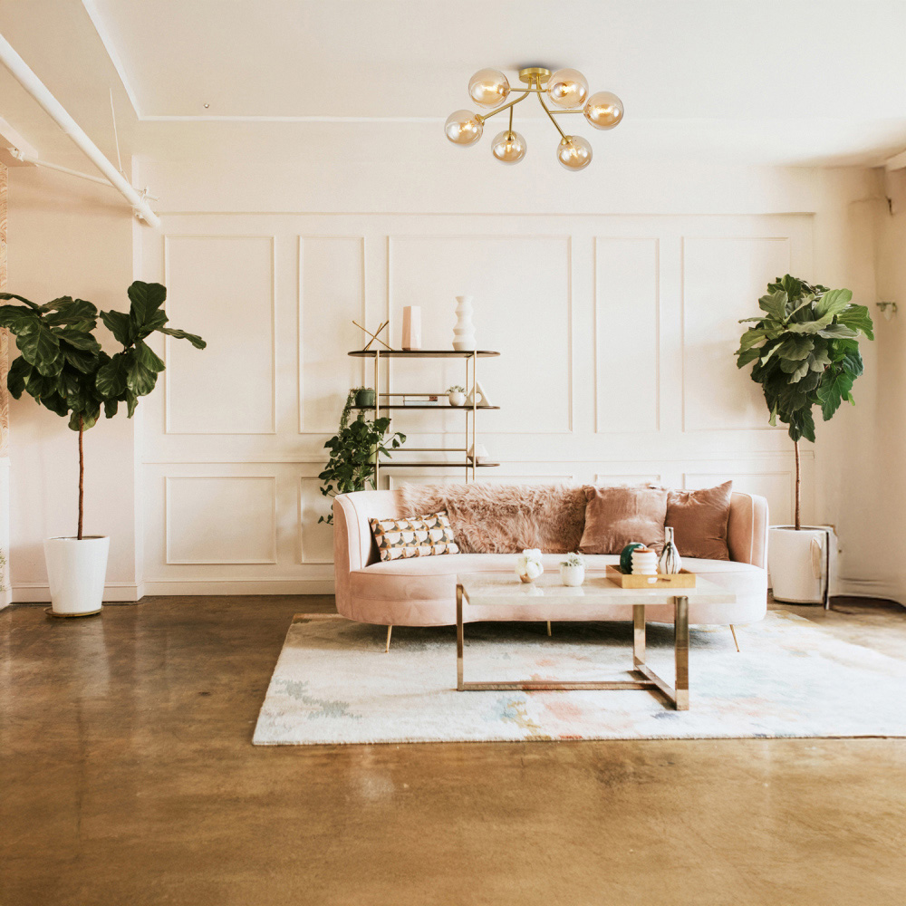 Happy Homewares 6 Arm Satin Gold Ceiling Light Fixture with Amber Tinted Glass Shade Image 2