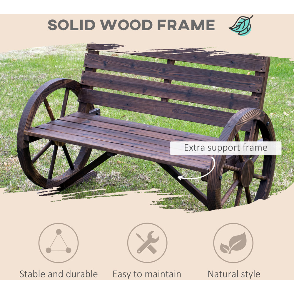 Outsunny 2 Seater Brown Wooden Bench with Wagon Wheel Image 4