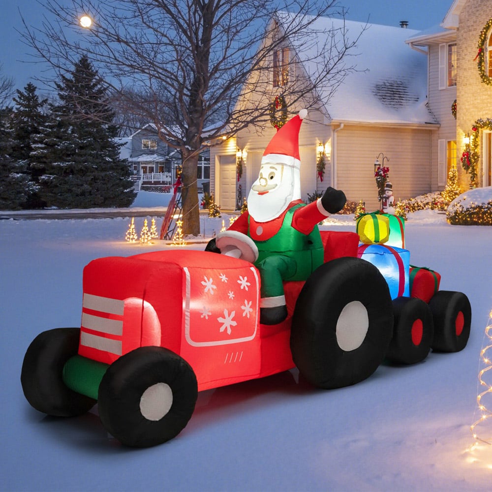 Costway Santa Claus Driving a Tractor with Gifts LED Inflatable Decoration 4.9 x 8.8 x 3.1ft Image 1