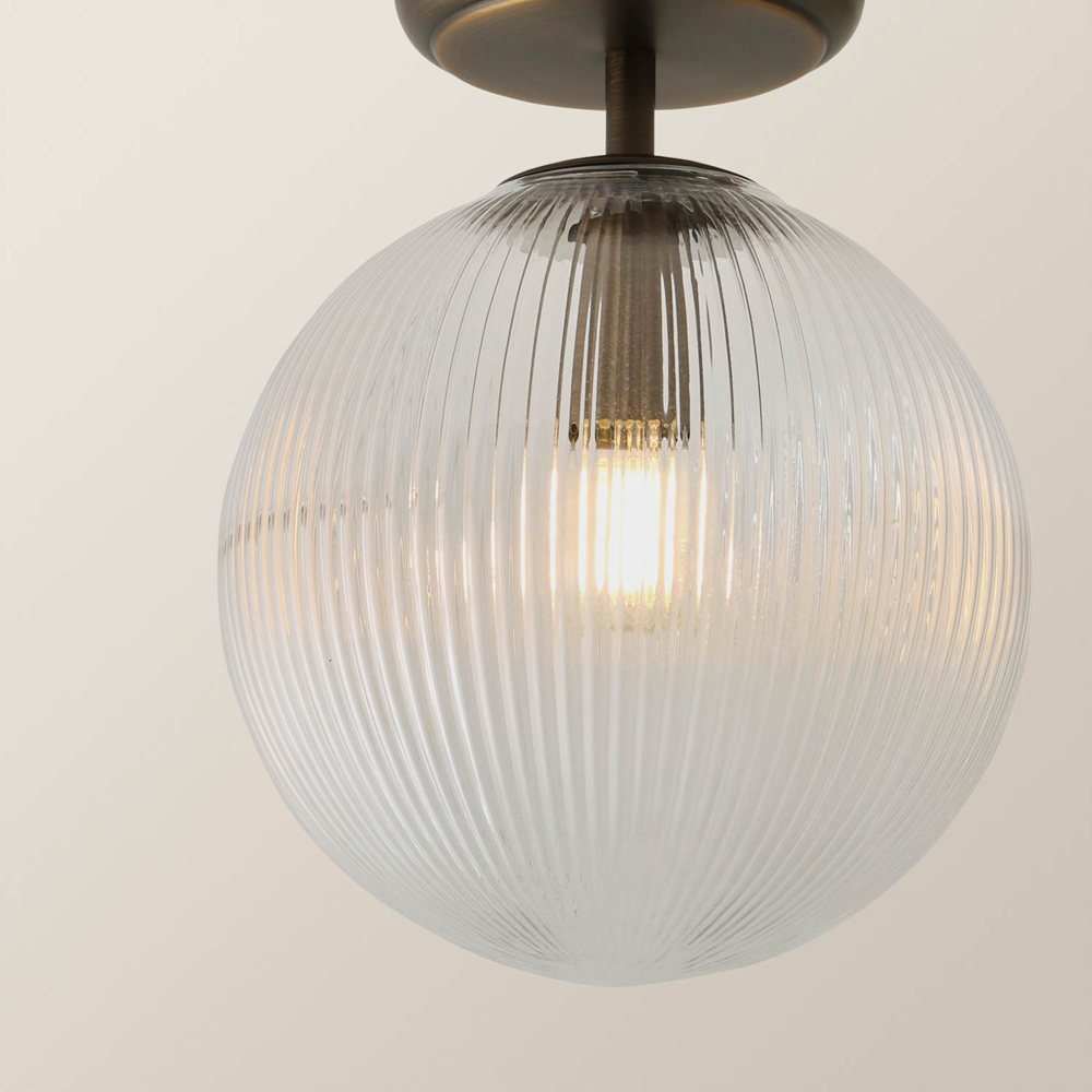 ValueLights Kempton Brushed Brass Ribbed Globe Shade Flush Ceiling Light with Bulb Image 3