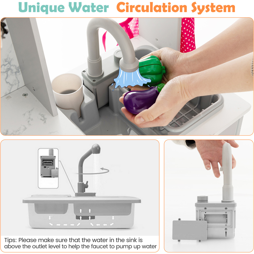 Costway Grey Kids Wooden Kitchen Playset with Lights Image 7