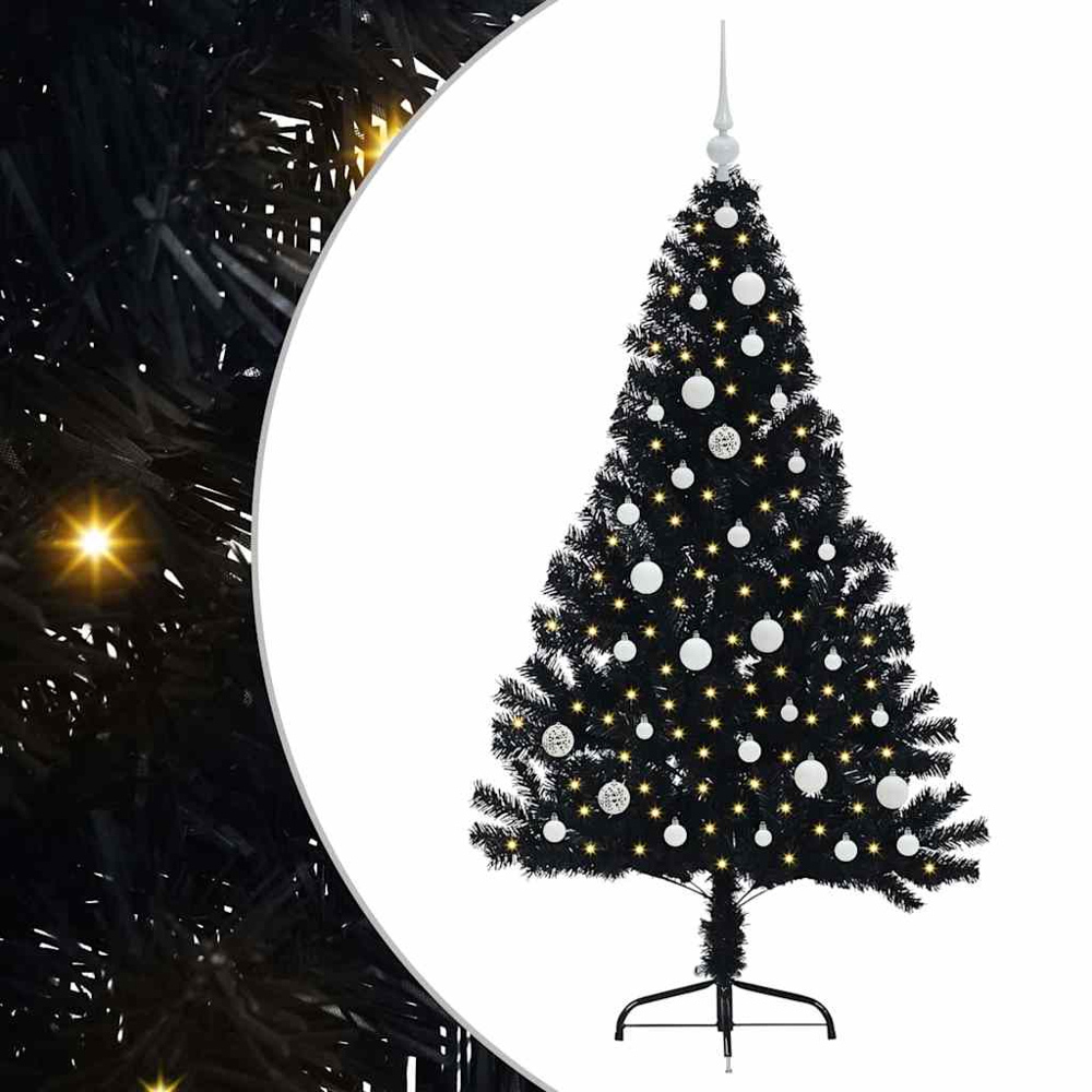 vidaXL Pre-Lit White Baubles Black Artificial Christmas Tree 5ft Image 2