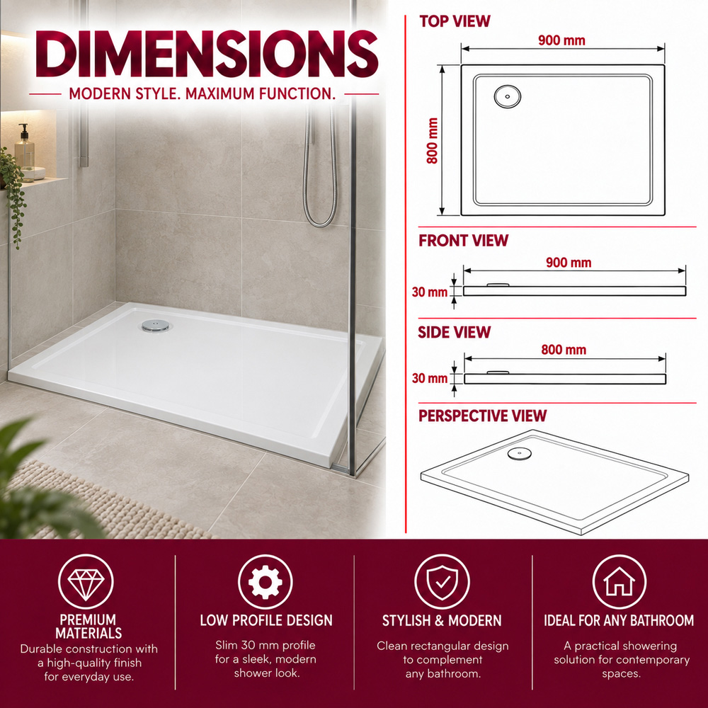 Go Bathrooms Delton 30mm White Low Profile Rectangular Shower Tray 900 x 800mm Image 5