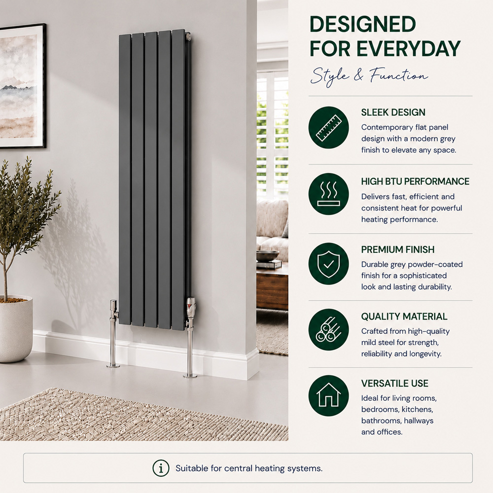 Go Bathrooms Pinta Anthracite Single Panel Vertical Radiator 1600 x 475mm Image 5