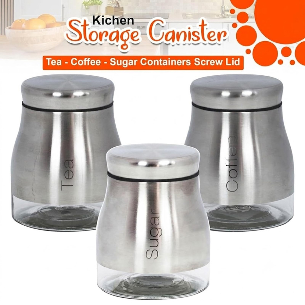 ATEK 3 Piece Tea Coffee and Sugar Silver Kitchen Canister Set Image 6