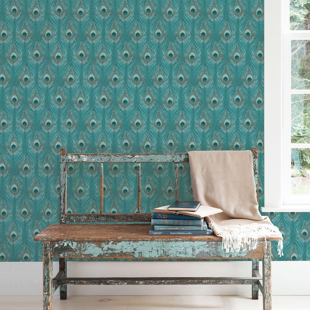 Galerie Organic Textured Peacock Feathers Turquoise Wallpaper Image 2
