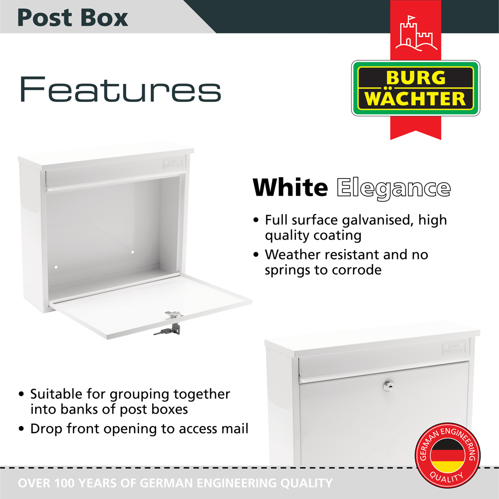 Burg-Wachter White Elegance Wall Mounted Galvanised Steel Lockable Weatherproof Post Box - 36x31x10cm Image 2