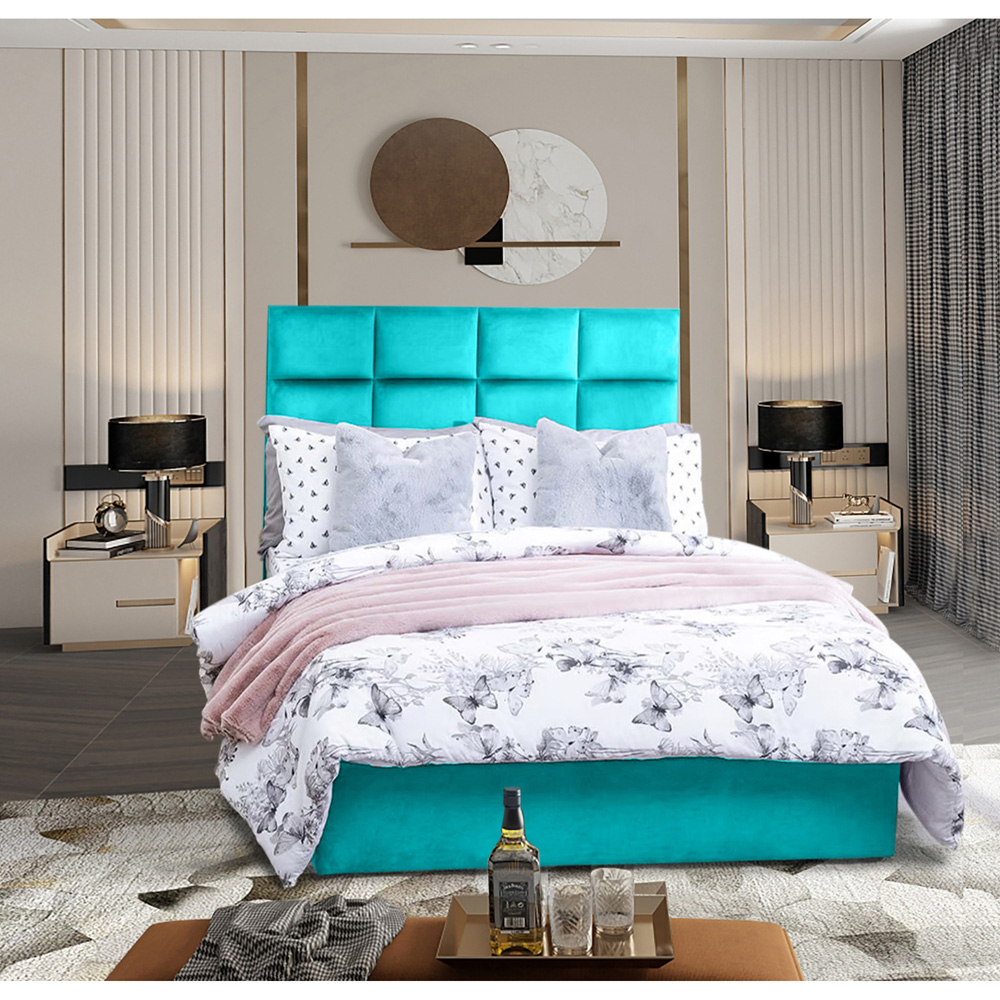 Eleganza Home Snoozer Double Teal Plush Velvet Divan Bed with Headboard Image 2