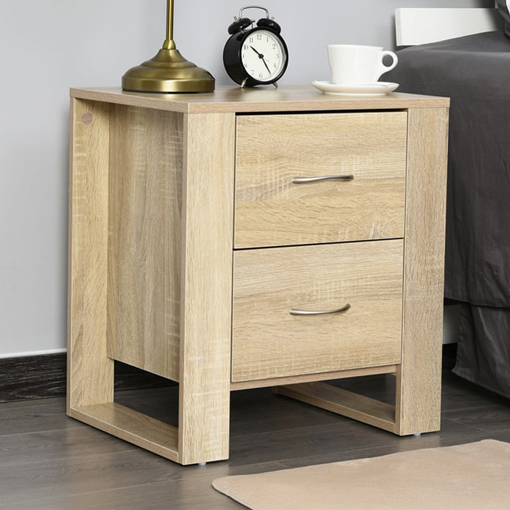 Portland 2 Drawer Oak Brown Modern Boxy Bedside Table Image 1