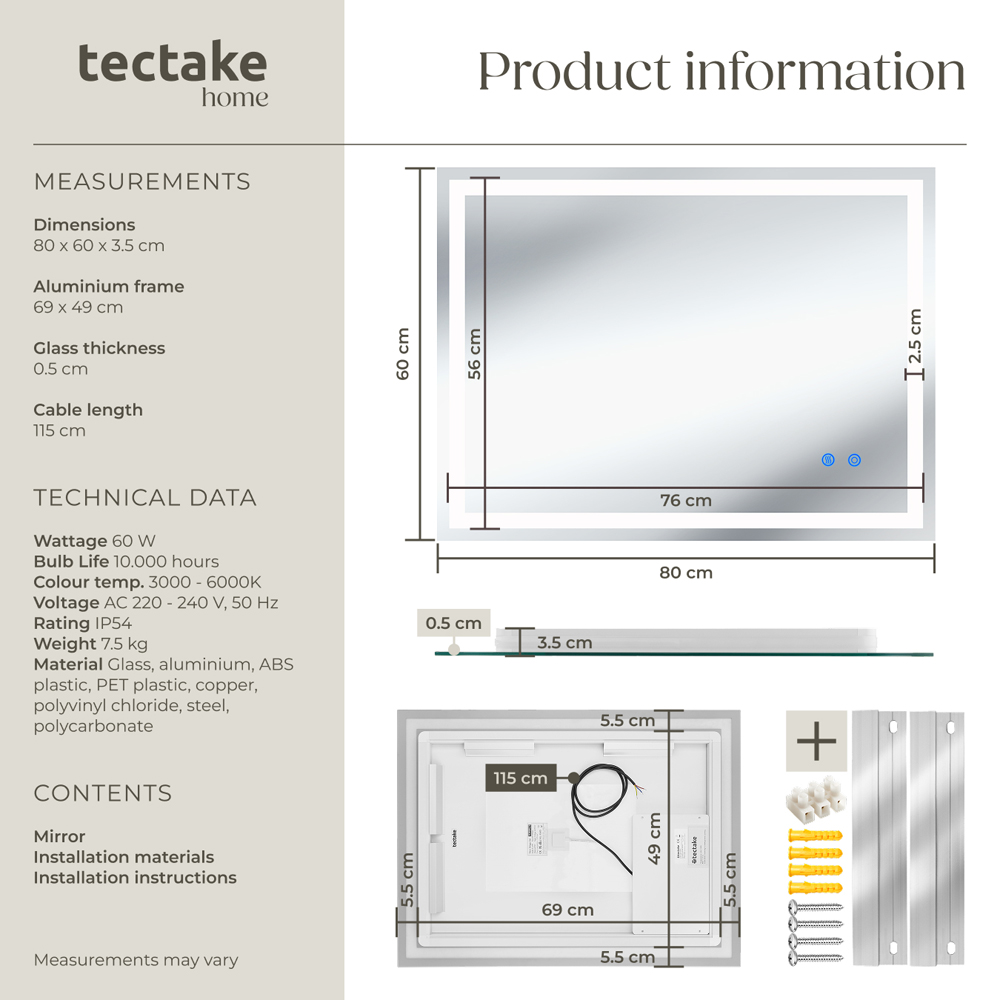 tectake Clara Multicolour Anti-Fog Frameless Rectangular LED Bathroom Wall Mirror 80 x 60cm Image 8