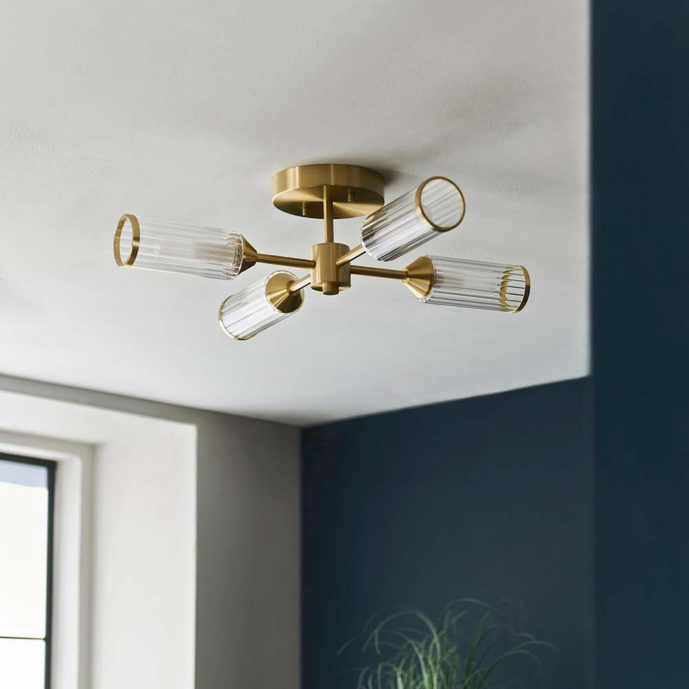 Merano Trieste Clear and Frosted Glass Satin Brass Plate Multi Arm Semi Flush Ceiling Lamp Image 7