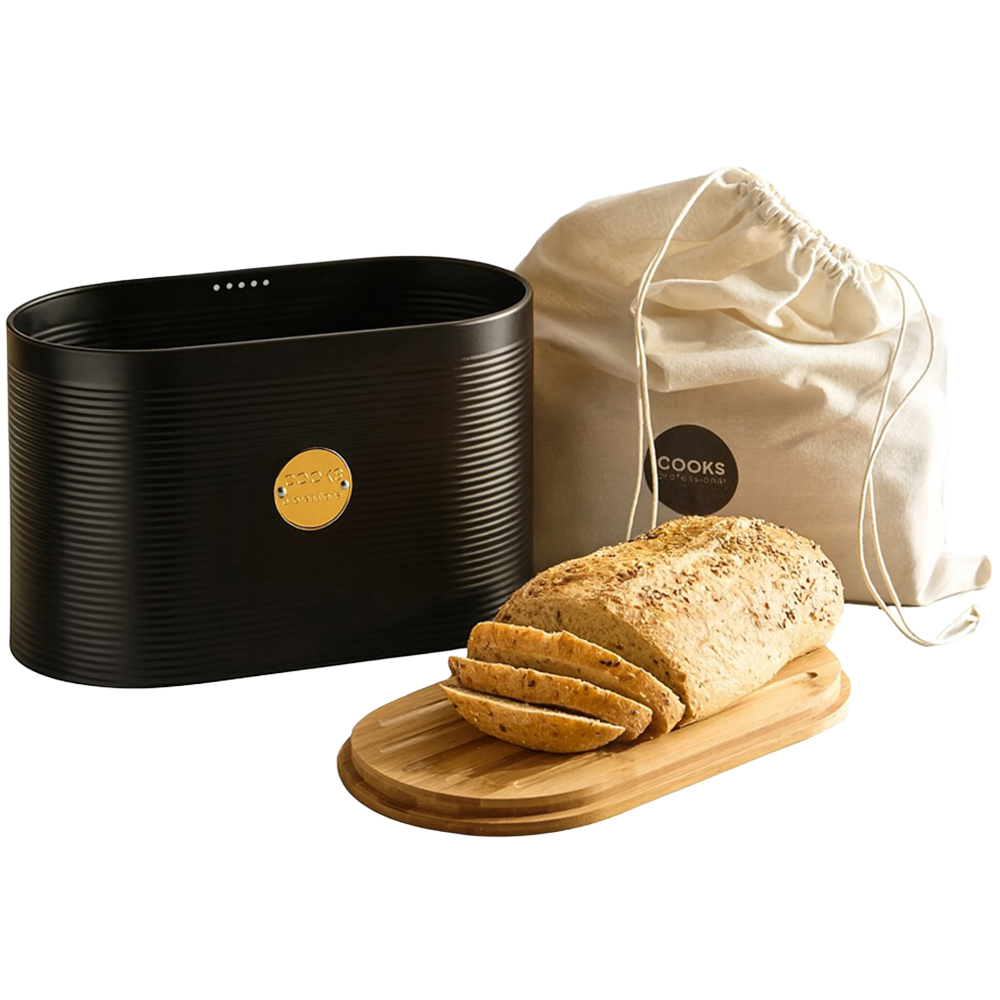 Cooks Professional Black and Gold Ribbed Bread Bin with Linen Bag and Bamboo Lid Image 1