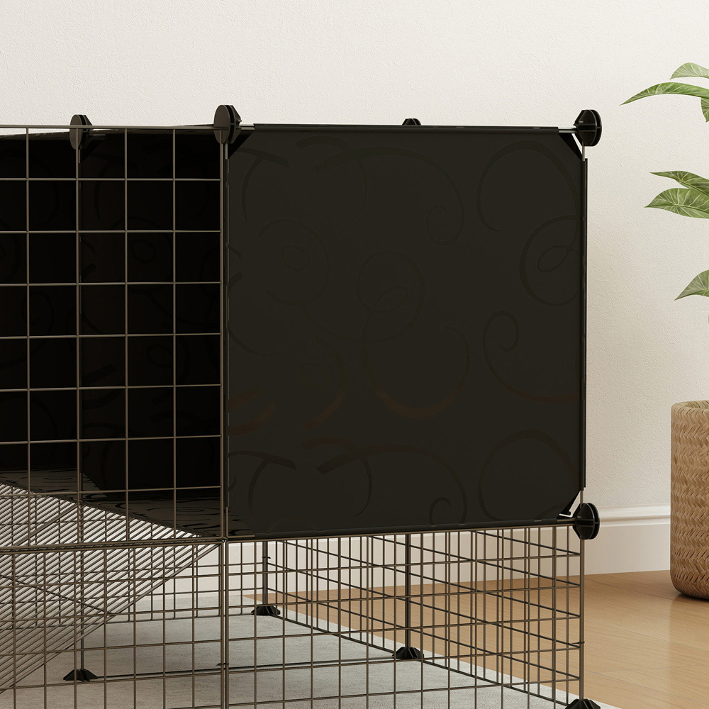 PawHut Black DIY Small Animal Playpen with Elevated Huts Image 3