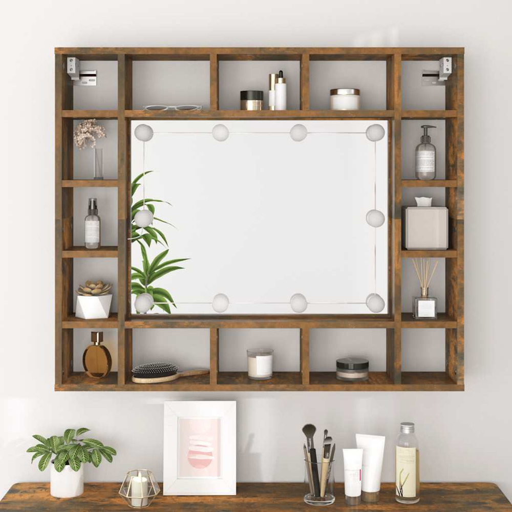 vidaXL 16 Shelf LED Smoked Oak Mirror Cabinet Image 9