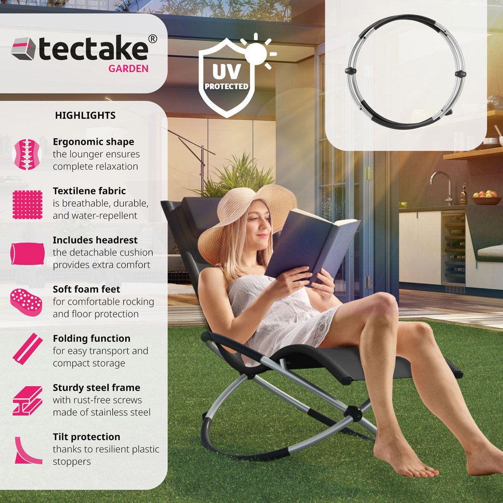 tectake Paulina Black Foldable Sun Lounger with Cushion Image 5
