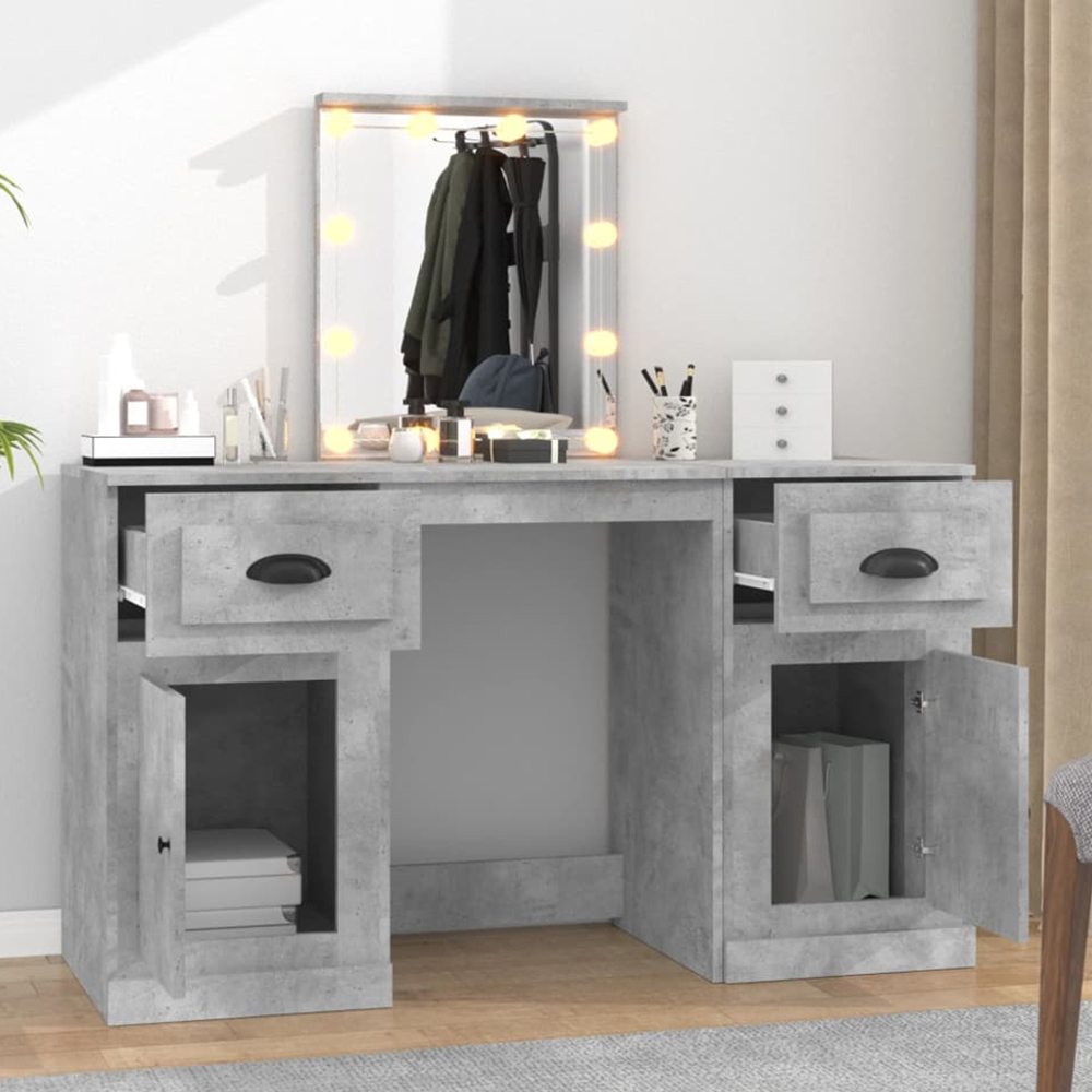 vidaXL 2 Door 2 Drawer Concrete Grey Dressing Table with LED Mirror Image 1