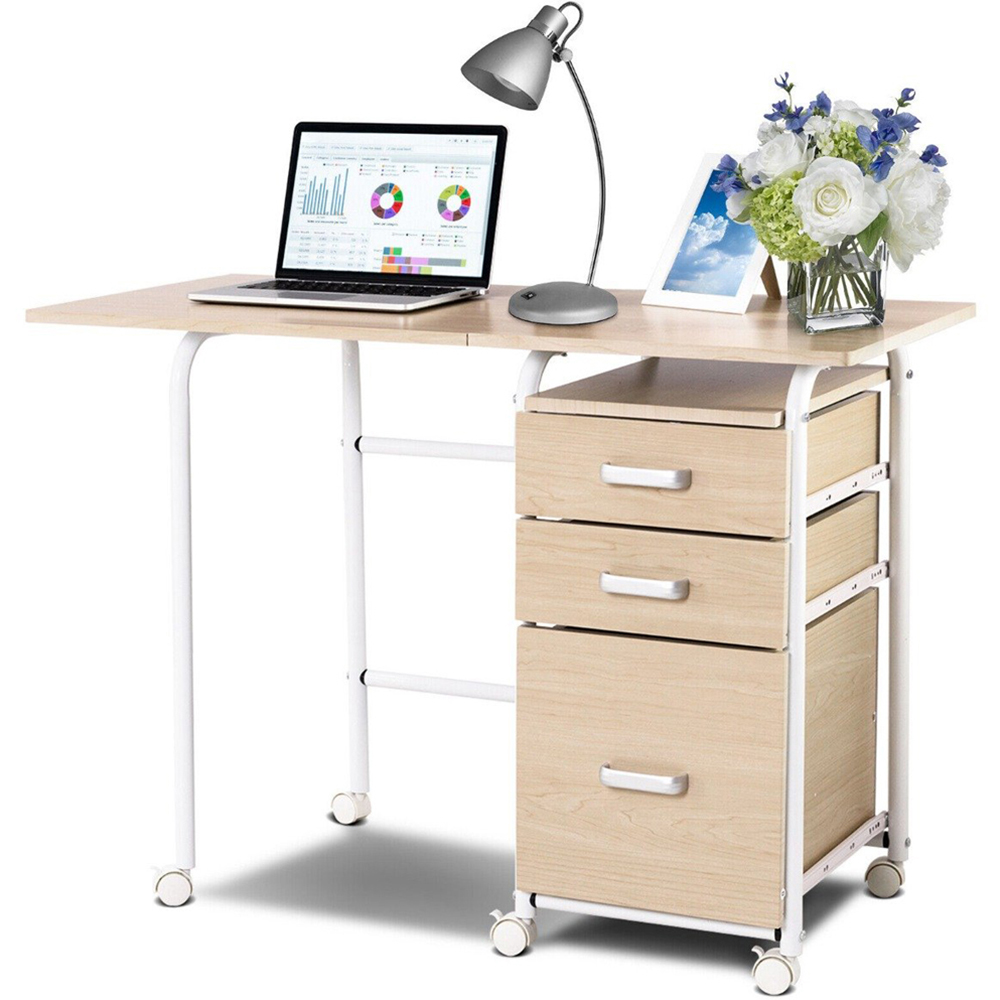 Costway 3 Drawer Folding Computer Desk with Rolling Wheels Natural Image 2