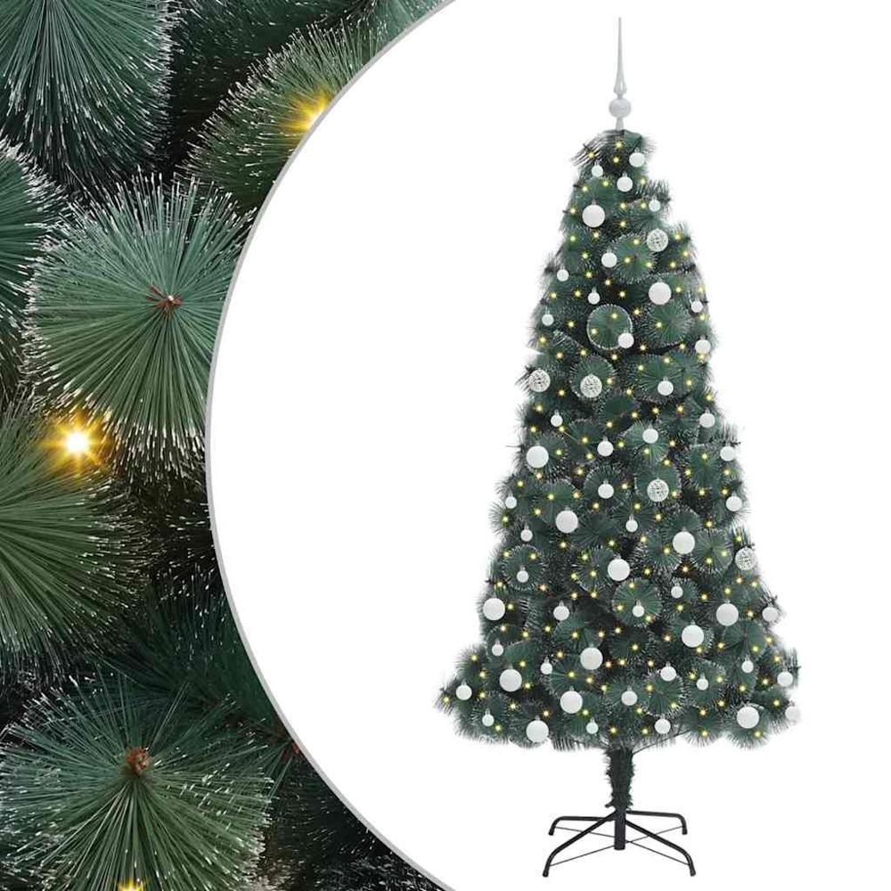 vidaXL Pre-Lit White Baubles Green Artificial Christmas Tree 6ft Image 2