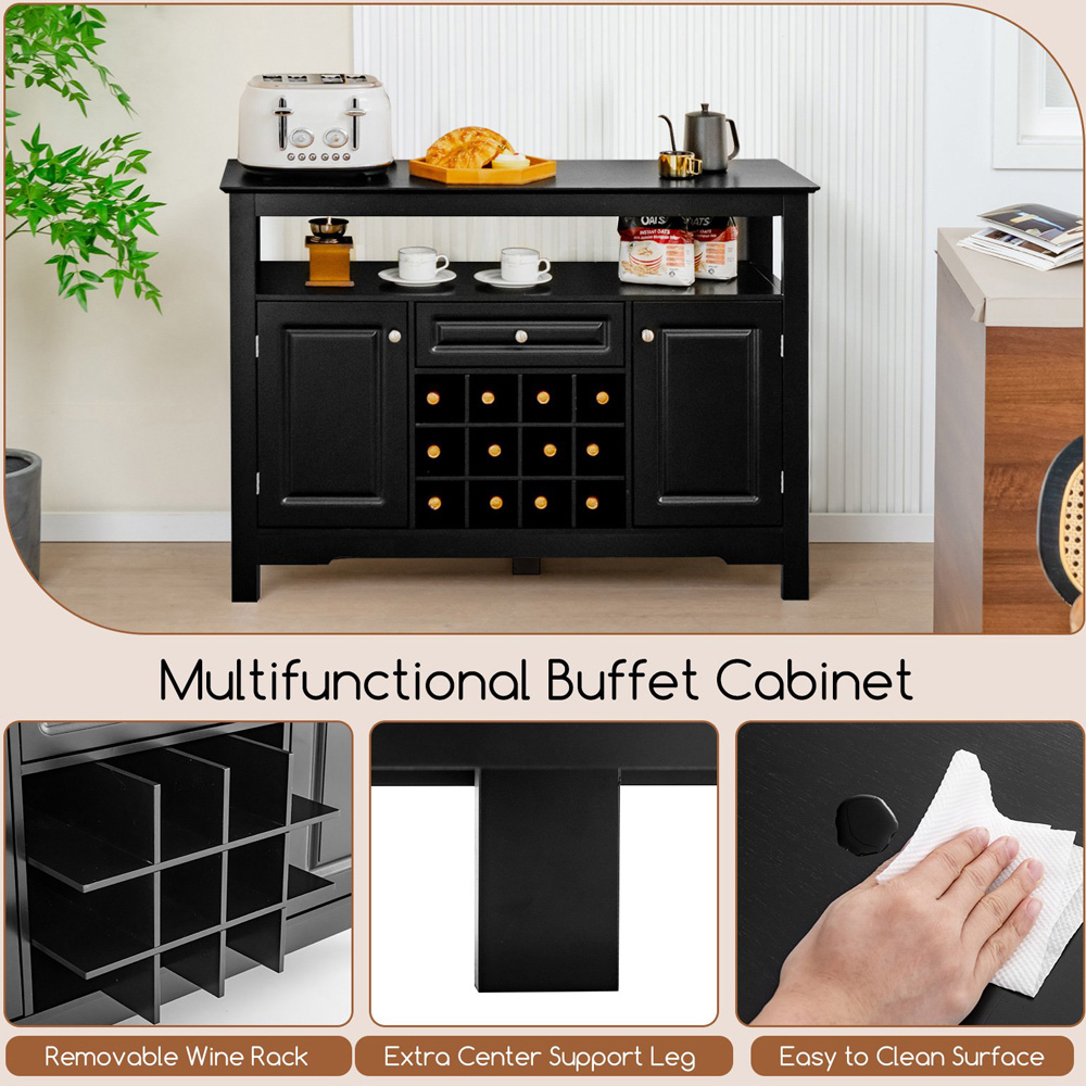 Costway Double Door Single Drawer Single Shelf Black Kitchen Cabinet with Removable Wine Rack Image 6