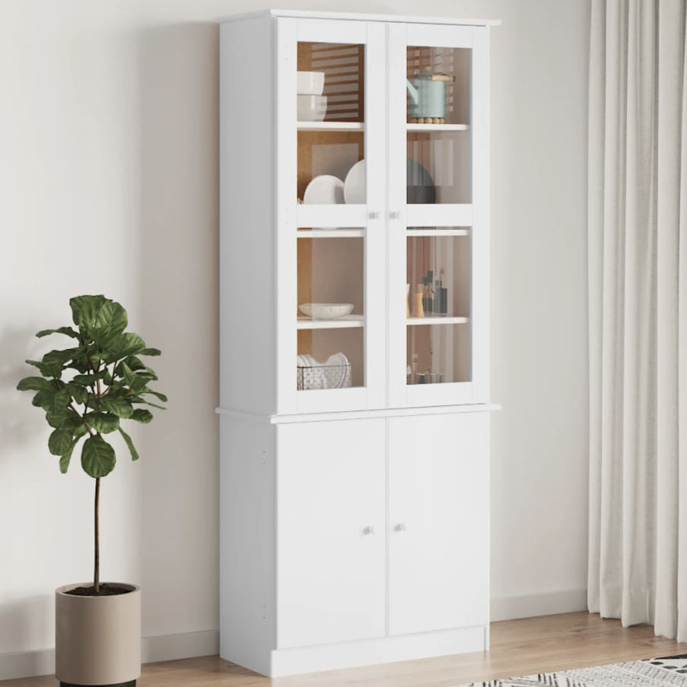 vidaXL 4 Door 4 Shelf White Solid Pine Wood Glass Display Cabinet Image 1
