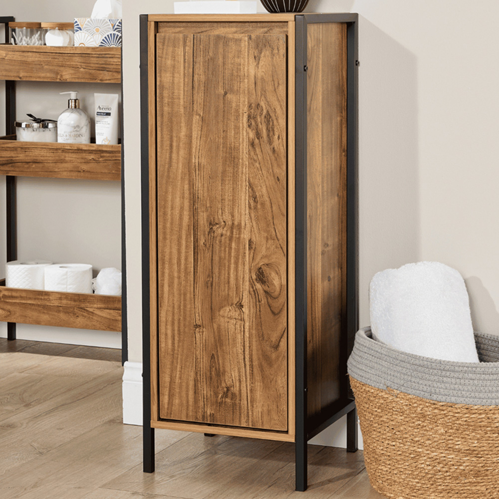 Home Source Locastra Single Door Oak and Black Bathroom Floor Cabinet Image 1