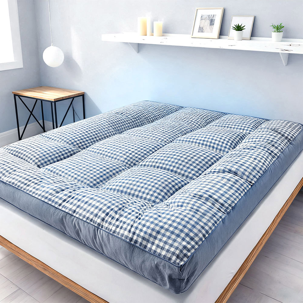 Living and Home Double Blue Plaid Quilted Mattress Topper Image 2