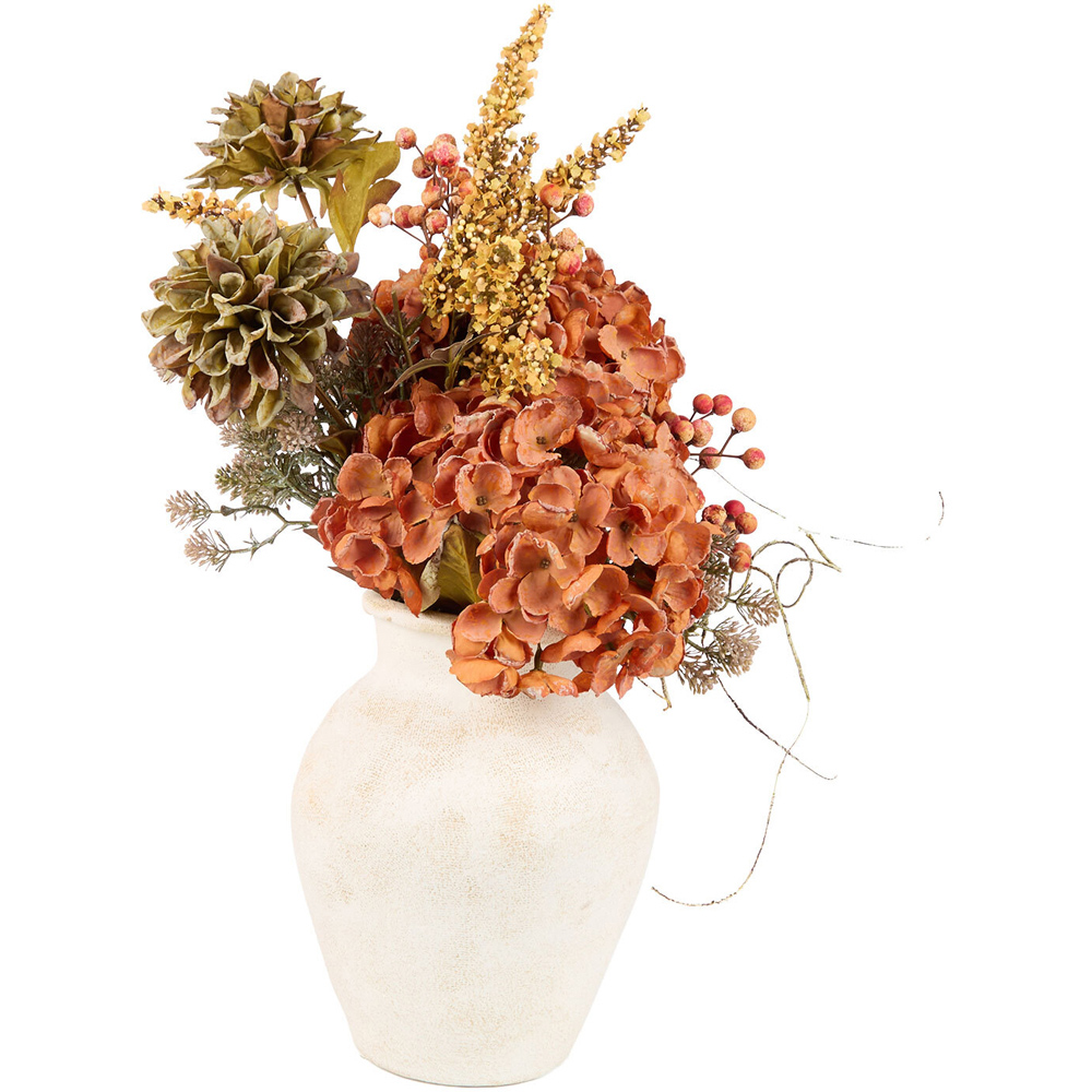 Bright Faux Hydrangea Arrangement in Ceramic Vase Burnt Orange Image 1