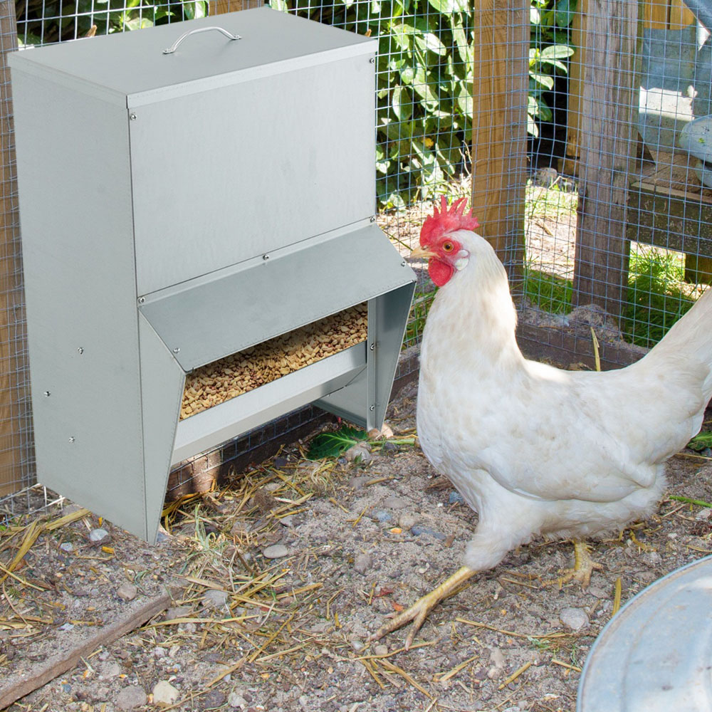 Costway Silver Wall Mount Galvanised Chicken Feeder with Lid Image 2
