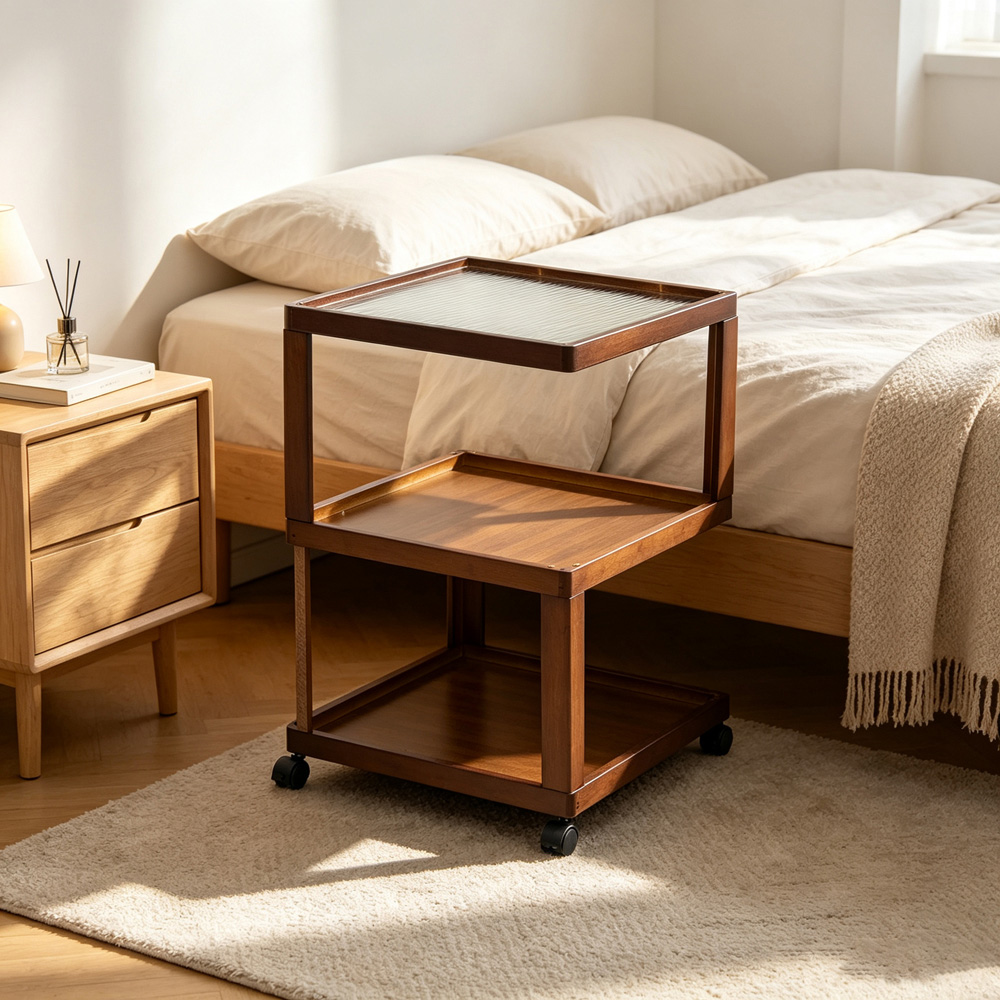 Living and Home 3-Tier Brown Bamboo Acrylic Top Side Table with Lockable Castors Image 7
