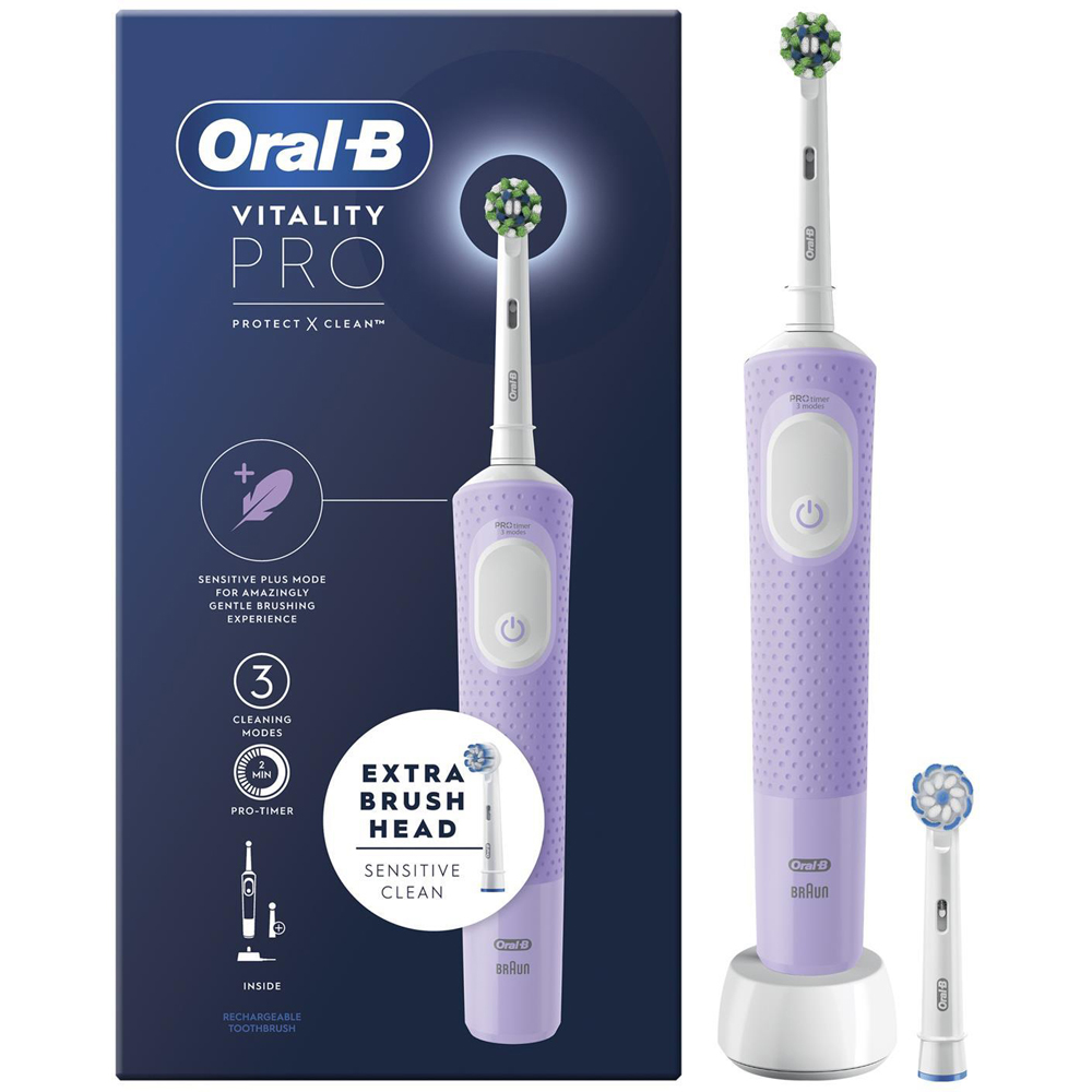 Oral-B Vitality Pro Lilac Electric Toothbrush with 8 Cross Action Black Refill Head Image 3