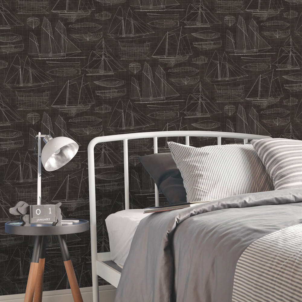 Galerie Deauville 2 Sailing Boats White Blueprint Black Wallpaper Image 2