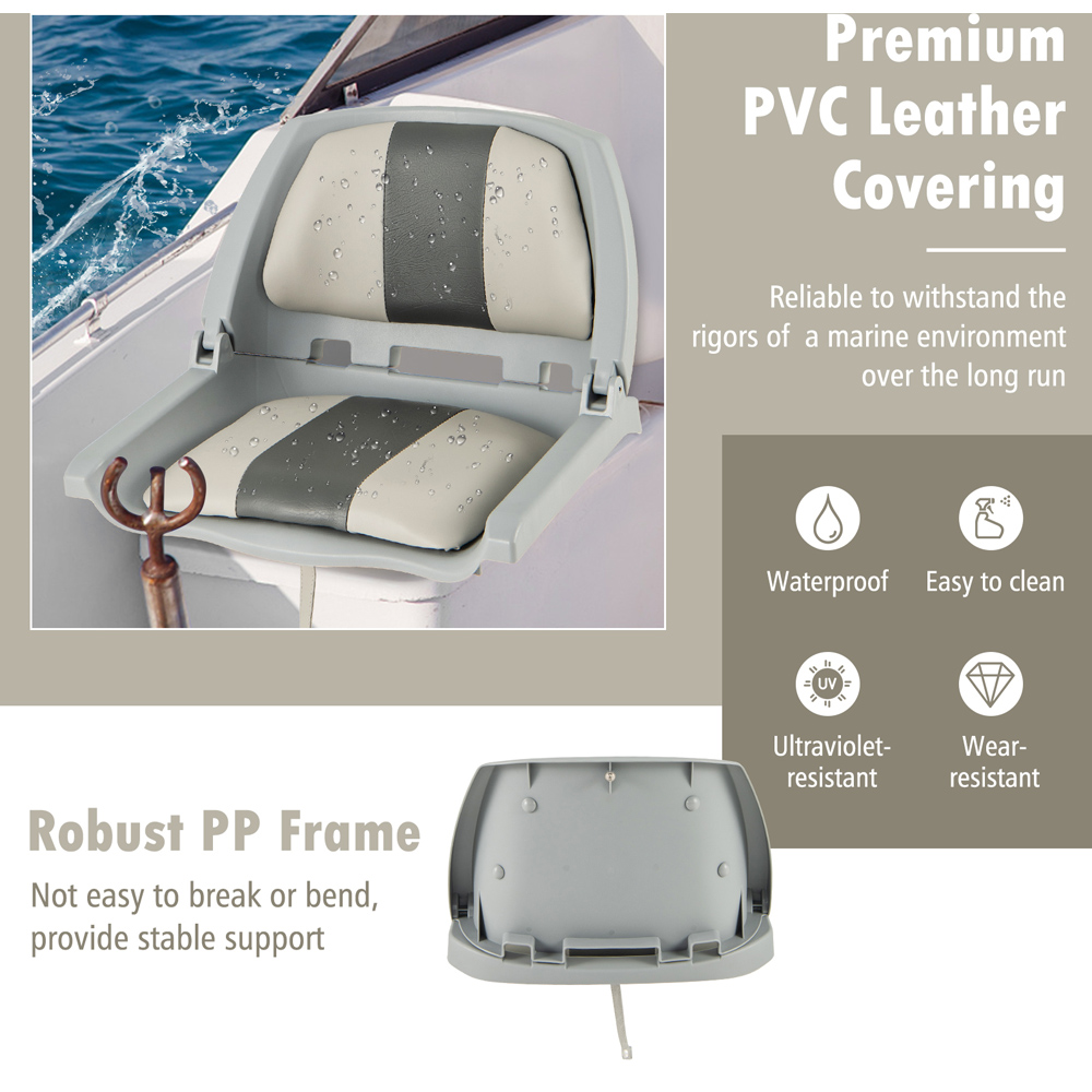 Costway Grey Folding Low Back Boat Seat with Mounting Hardware for Fishing Image 4