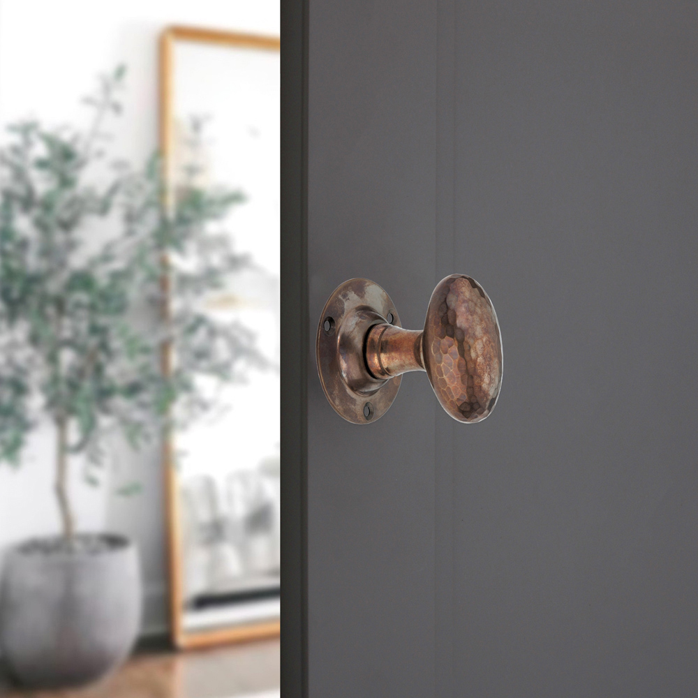 Spira Brass Antique Hammered Oval Mortice Door Knob 2 Pack Image 2