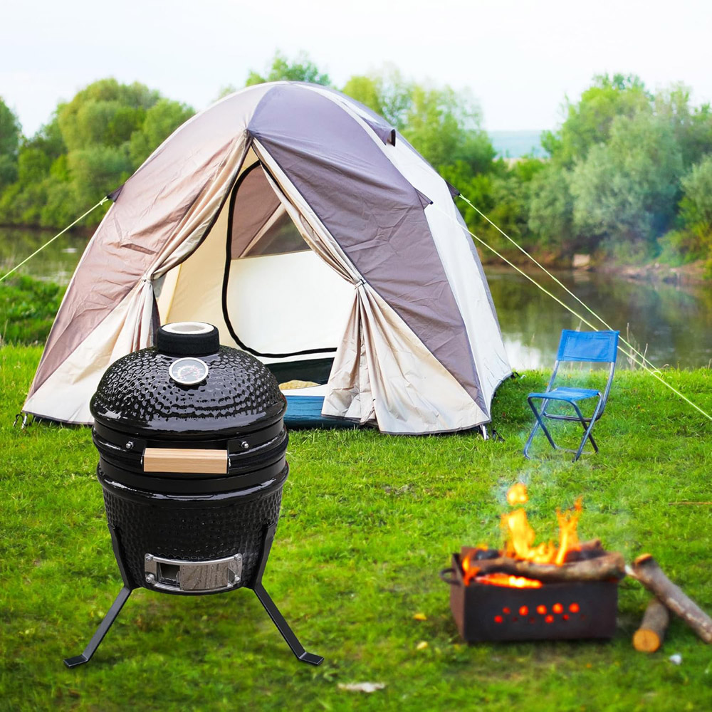 Alivio Kamado Black Portable Ceramic 13 inch Mini BBQ Grill Smoker Egg with Stand Image 2