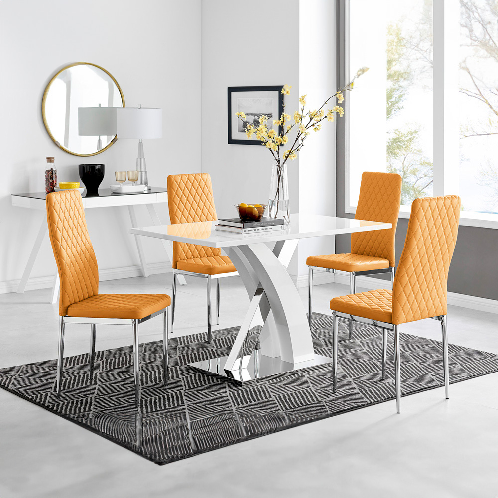 Furniturebox Columbia Valera 4 Seater Dining Set White Gloss Mustard Yellow and Chrome Image 1