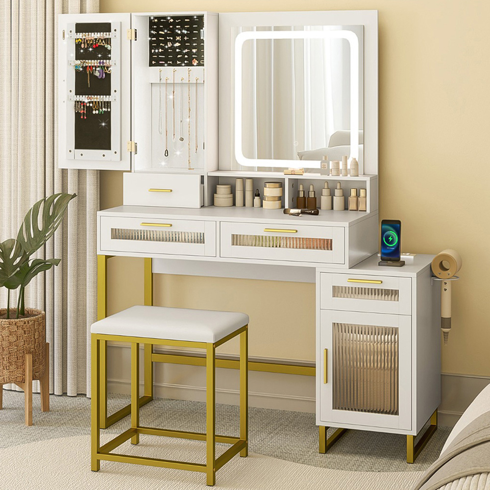Costway 4 Drawer 2 Door White Dressing Table and Chair Set with LED Mirror Image 1