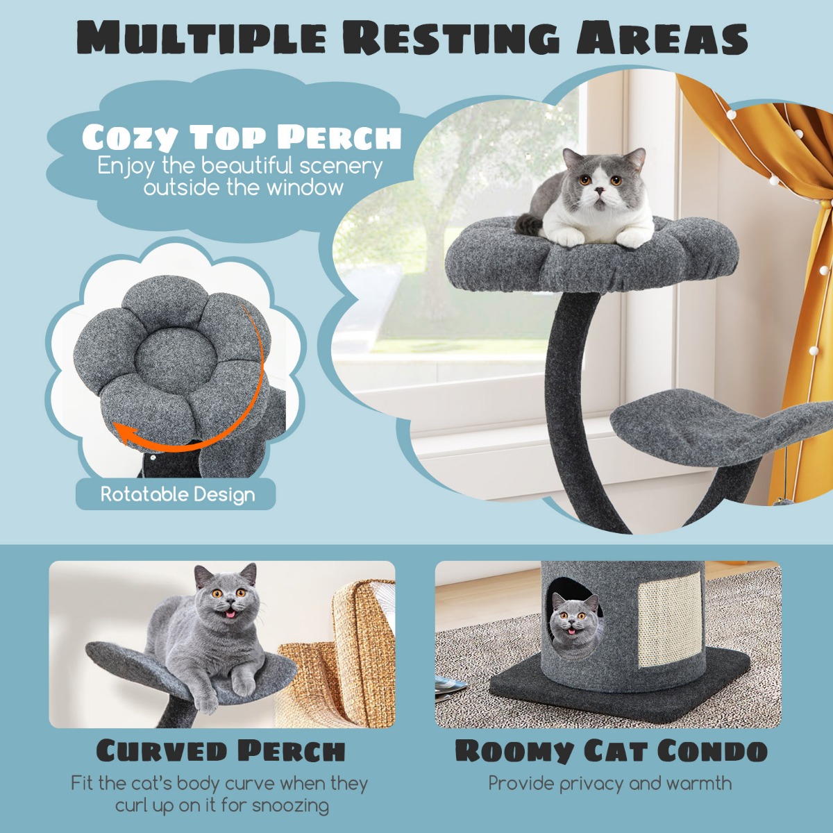 Costway 3 Tier Grey Cat Tower with Sisal Covered Scratching Board Image 8