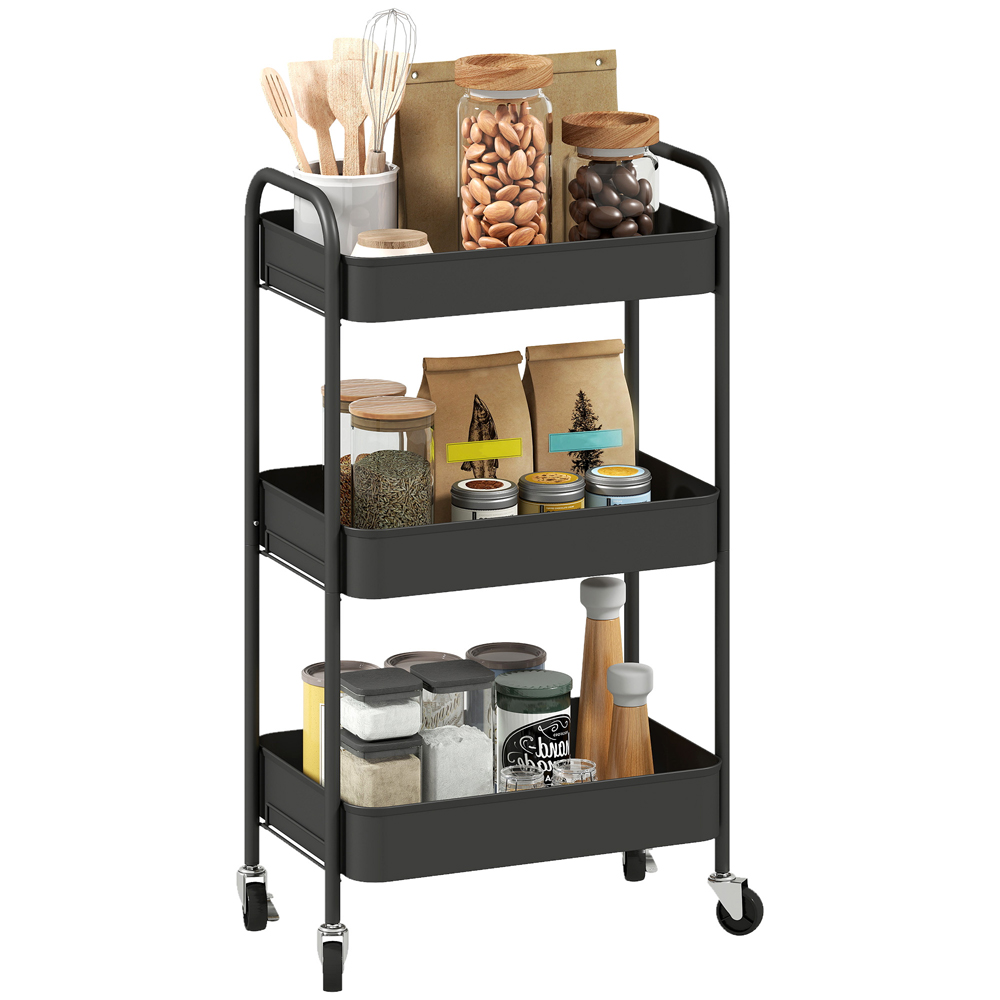HOMCOM 3-Tier Black Mesh Basket Rolling Utility Cart Image 1