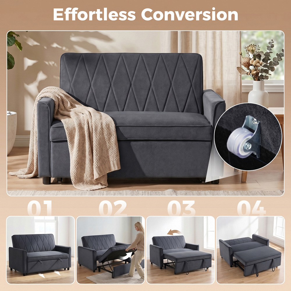 HOMCOM 3-in-1 2 Seater Dark Grey Velvet Pull Out Sofa Bed Image 3